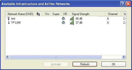 3.2.6 Scan Available Networks 1. Click Scan on the Profile Management screen (shown in Figure 3-2), the Available Infrastructure and Ad Hoc Networks window will appear below. 2.