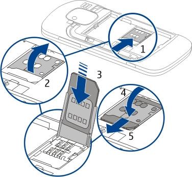 Insert the SIM card, with the contact area