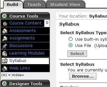 Inserting a Syllabus File into Your Course. The one step most all instructors do right away is to set up a Syllabus for their course. In this exercise we will add the Syllabus Tool to the course menu.
