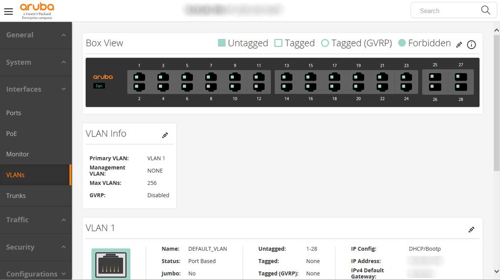 Interfaces VLANs Figure 17: Interfaces VLANs VLAN Box View: Indicates which ports are members of the selected VLAN.