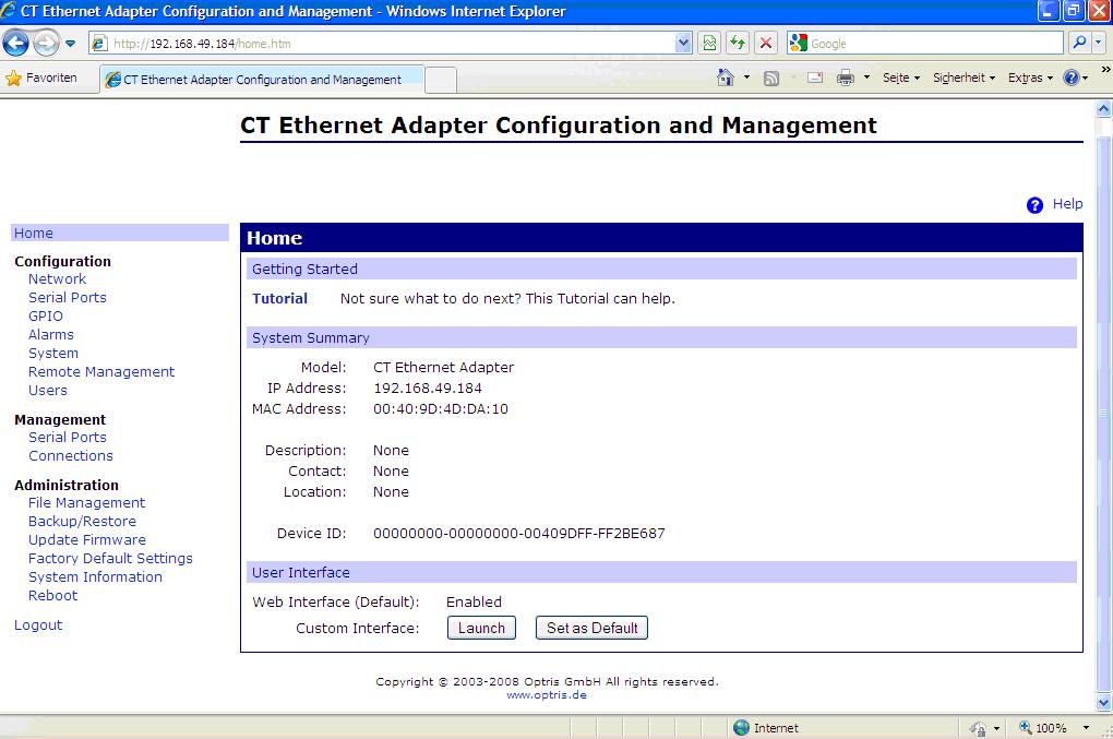 Outputs and Inputs By clicking on the link the configuration page for the Ethernet adapter will