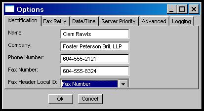 The default value for the Options Identification Fax Header Local ID field is the value taken from the Fax ID field (from the FaxFinder Server Modem Configuration screen) for the modem used in the
