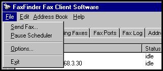 Chapter 2: FaxFinder Client Software Configuration FaxFinder Fax Client Software Menu Command Definitions FaxFinder Fax Client Software Menu Command Definitions Command Name Values Description File