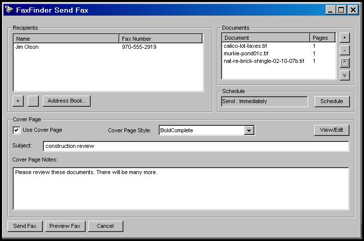 Chapter 2: FaxFinder Client Software Configuration The FaxFinder Send Fax Screen The FaxFinder Send Fax screen appears (a) when you print to FaxFinder from any application program, or (b) when you
