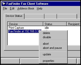Chapter 2: FaxFinder Client Software Configuration FaxFinder Fax Client Software Menu Command Definitions (cont d) Field Name Values Description Device Status tab Device (column) alphanumeric Shows