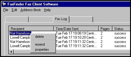 Chapter 2: FaxFinder Client Software Configuration FaxFinder Fax Client Software Menu Command Definitions (cont d) Field/Command Name Values Description Fax Log tab Recipient (column) Time/Date Sent