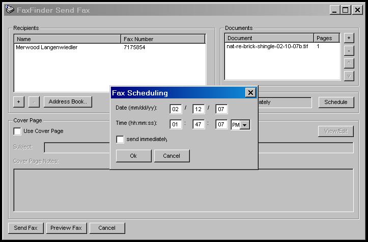 Scheduling Fax Transmissions The FaxFinder allows you to send a fax immediately or delay its transmission until a later time.
