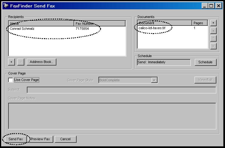 4. In the FaxFinder Send Fax screen, specify a recipient for the fax.