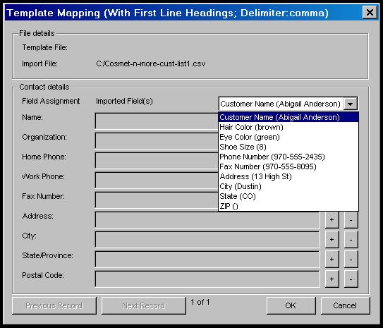 To map the fields from the CSV file to the FaxFinder Address Book format, you create a custom template