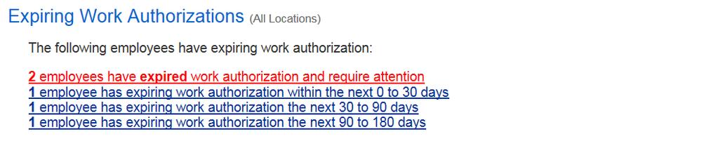 Expiring Work Authorizations A notification will appear if the work authorization document presented by an employee is set to expire between 0-180 days.