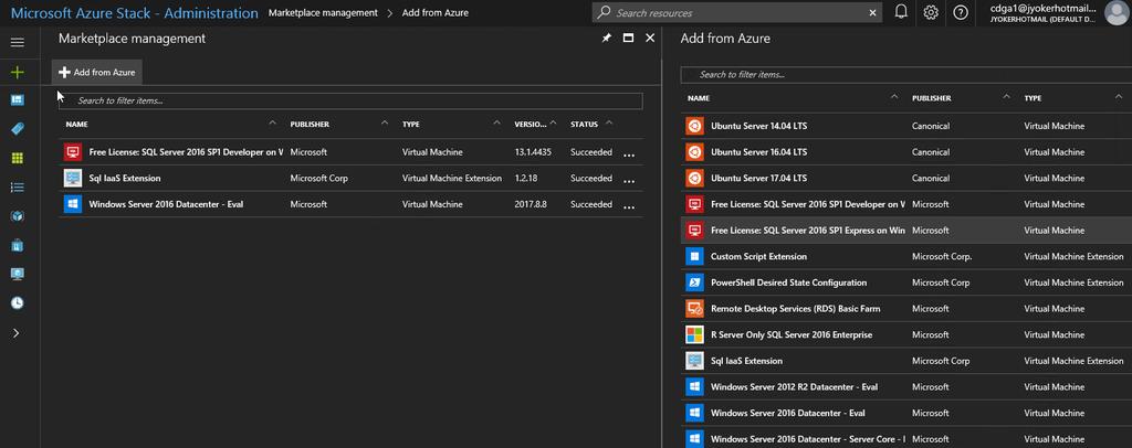 Figure 5: Administrator s view of Marketplace management in Azure Stack In addition to syndicated items from Azure, you may have custom virtual machine images that contain configurations and settings