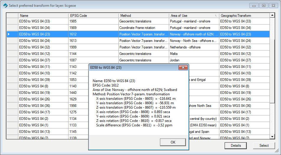 already set in the ArcGIS project, the user is prompted to select a transform from a list based on the EPSG database used