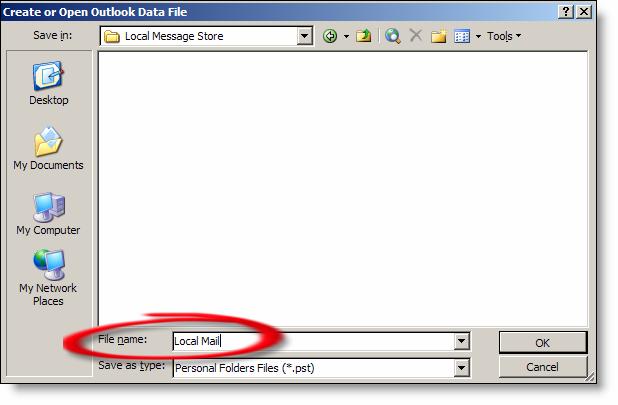 Create or Open Outlook Data File 7) File name: Type Local Mail here.