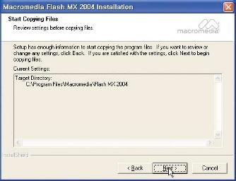 Click [Next] to install Flash in the Programs folder, or use the [Browse]