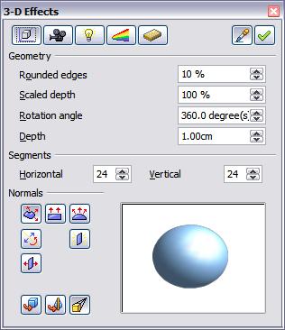 3D Effects - Geometry On the Geometry page, you can make changes to the geometry of a 3D object. This page is opened with the Geometry button dialog.
