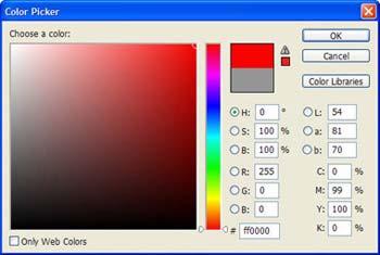 4. Select a color either by moving the small circle in the large color field, moving the color sliders along the vertical color bar, or typing the color values.