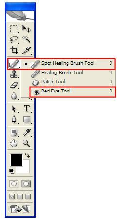 Figure 1-4: Spot Healing Brush and Red Eye tools. The Color Replacement tool is now located in the Brush group with the Pencil and Brush tools. It was previously in the Healing Brush Group.