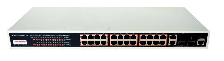 Model : ALP-24100M-370 24 Port 10/100Mbps L2 Managed POE Switch with 2 x Combo (RJ45/SFP) 100/1000 Mbps Uplink Port, 100m Features Conforms to IEEE802.3, IEEE 802.3u, IEEE 802.3ab, IEEE802.