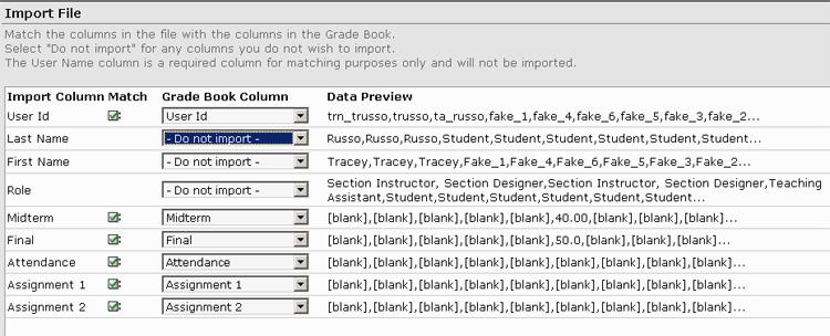 The Import File screen appears. Check the import column against the grade book column.