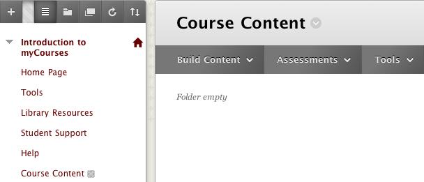 Adding a Content Area 1. To add a content area, mouse over the plus sign at the top left corner of the course menu and choose Content Area.