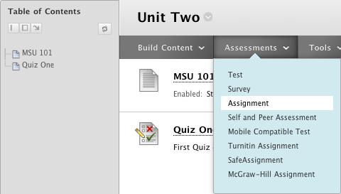 Adding an Assignment To add an assignment, you must be in a content area or learning module. The Assignment tool is located under the Assessments contextual menu. 1.