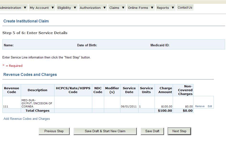 Added Revenue Codes and Charge When you have completed adding Revenue Codes and Charges, click