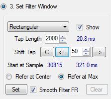 The Window drop down list contains several window presets to taper the filter tail. Show check button will toggle the tap area display on and off. Tap Length determines the filter tap length.