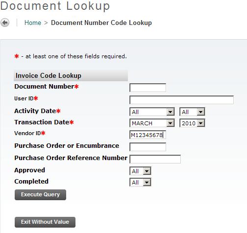 Viewing Documents 1. Click on Finance and View Document. Select Document Number button to get to document lookup screen 2.