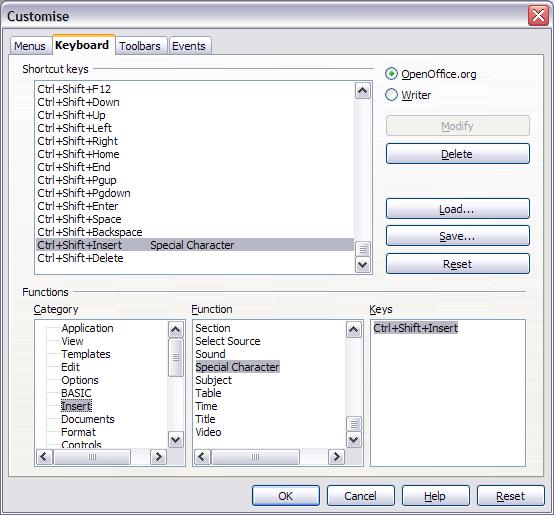 Assigning shortcut keys Figure 1: Customise dialog Saving changes to a file Changes to the shortcut key assignments (and other configurations) can be saved in a keyboard configuration file for use at