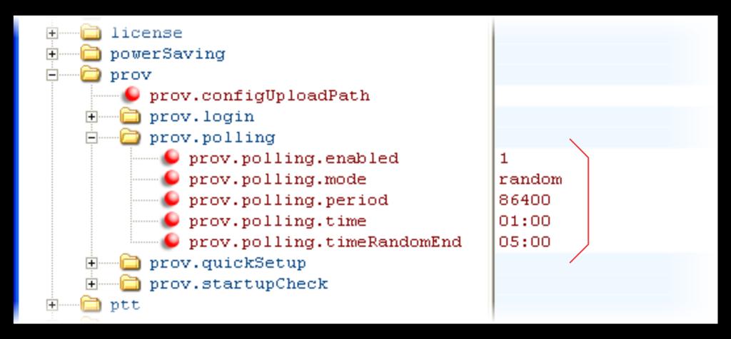 prov.polling.time hh:mm 03:00 The polling start time. Used in absolute and random modes. prov.polling.timerandomend hh:mm Null The polling stop time. Only used in random mode.