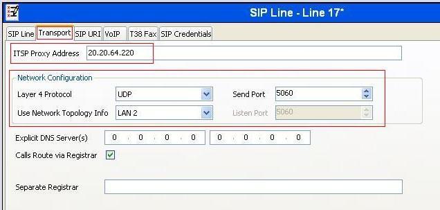 Select the Transport tab. The ITSP Proxy Address is set to the Windstream SIP proxy gateway IP Address provided by Windstream. As shown in Figure 1, this IP Address is 20.20.64.220.