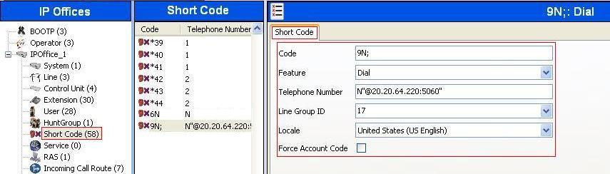 1.8. Short Code Define a short code to route outbound traffic to the SIP line. To create a short code, select Short Code in the left Navigation Pane, then right-click in the Group Pane and select New.