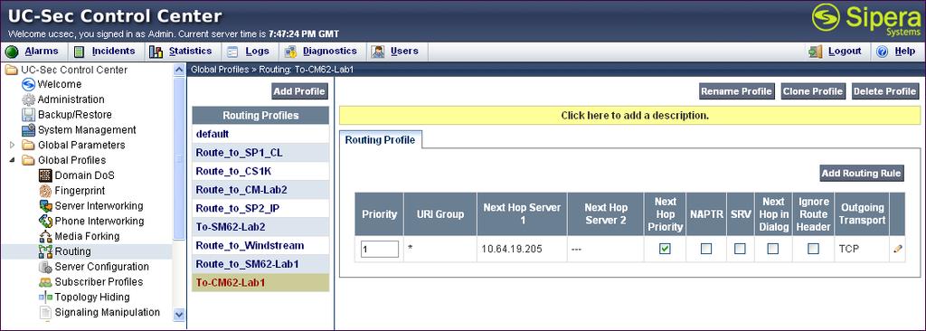 The following screen shows the Routing Profile to Communication Manager. The Next Hop Server 1 is the IP address of the Communication Manager Processor Ethernet as defined in Section 5.3.