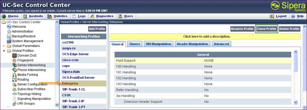 6.1.3.2 Server Interworking Profile Windstream The Windstream profile will be created by cloning the Enterprise profile created in the previous section.