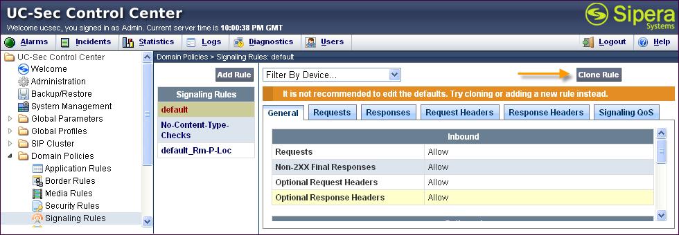Clone and modify the default signaling rule to have the Avaya SBCE respond to SIP OPTION requests and to set the