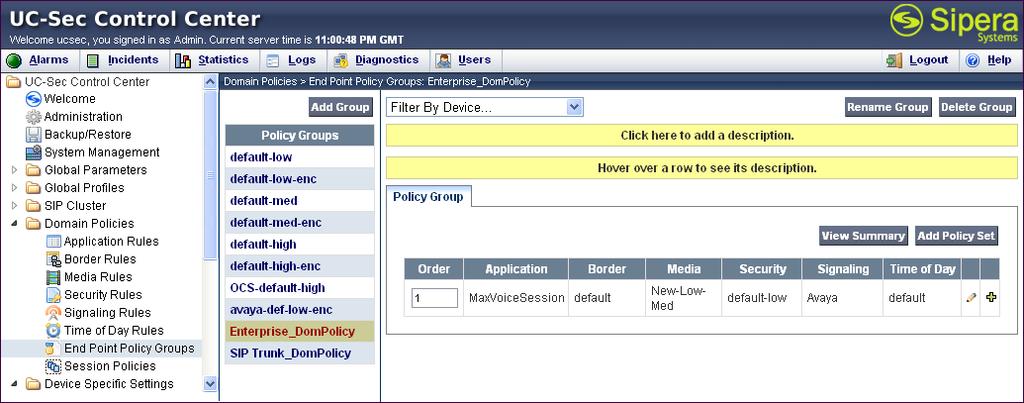 6.2.4. Endpoint Policy Group The rules created within the Domain Policy section are assigned to an Endpoint Policy Group. The Endpoint Policy Group is then applied to a Server Flow in Section 6.3.4. Create a separate Endpoint Policy Group for the enterprise and the Windstream SIP Trunking service.