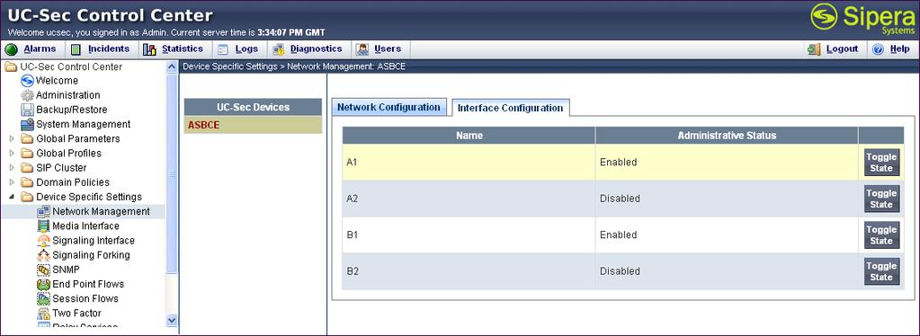 Enable the interfaces used to connect to the inside and outside networks on the Interface Configuration tab. The following screen shows interface A1 and B1 are Enabled.
