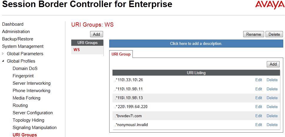 The screenshot below illustrates the URI listing for the URI Group. 7.2.