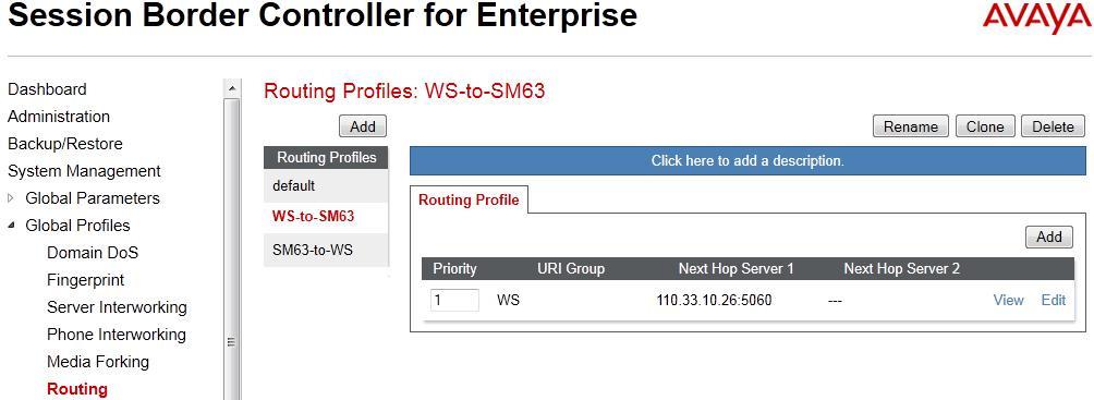 7.2.2.1 Routing Profile for Windstream The screenshot below illustrate the Global Profiles Routing: SM63-to-WS.