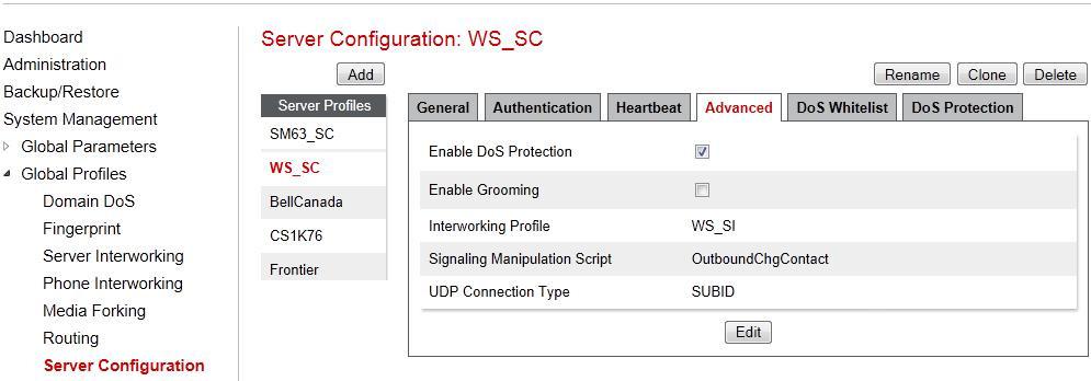 Under Advanced tab, check on Enable DoS Protection (not shown) For Interworking Profile drop down list, select WS_SI as defined in Section 7.2.4.