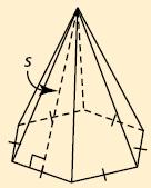 The area, A, of each triangular face is: A s So, the lateral area of n triangular faces is: A n s (rearrange the equation slightly) A sn The term n is the perimeter of the base of any pyramid, so the