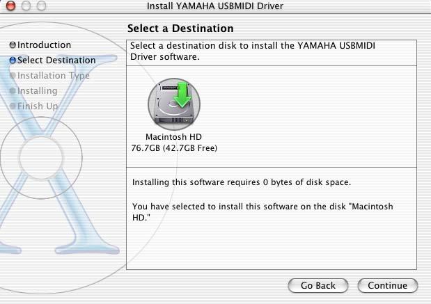 7 Select a destination for the driver installation, then click [Continue]. A window opens, displaying the message Click install to perform a basic installation of this software.