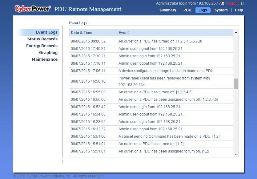 2. Advanced Power Management 2.3 Event Logging Users can view all the events, including log in/out records and configuration changes.