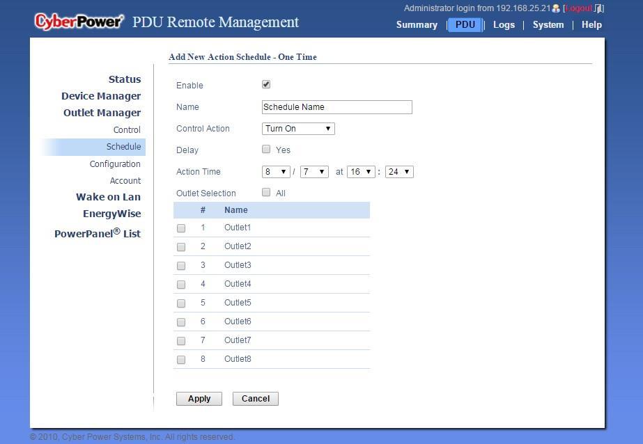 3. Outlet Management Add New Action Schedule Window Up to 10 scheduled settings are allowed.