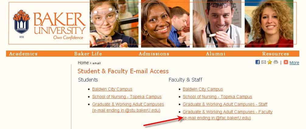 Click on Graduate & Working Adult Campuses-Faculty (e-mail ending in @fac.bakeru.