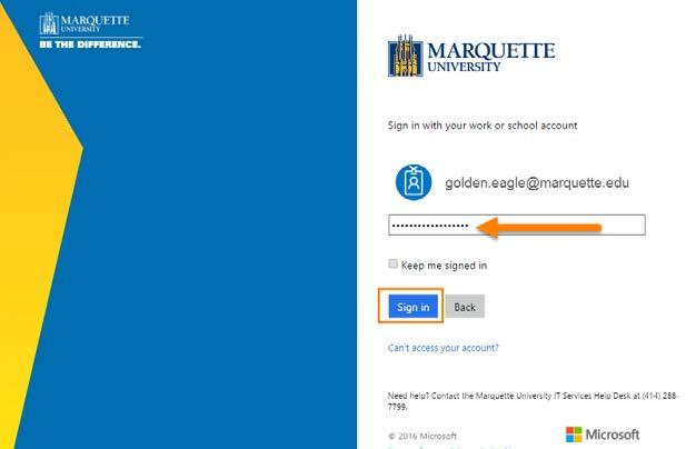 3. Enter your password in the Marquette sign-in window (shown below)