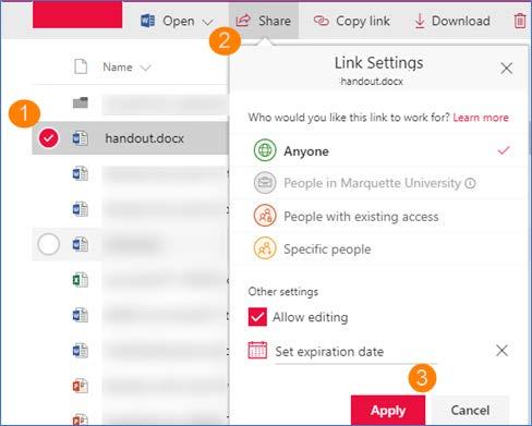 Click or tap Apply. Learn more about sharing a particular document or folder in Office 365 from microsoft.com online.