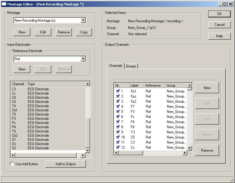 Figure 11: Montage editor. Assigning channels. To assign channels to the new montage, you can use the right New button and insert manually the channel label.