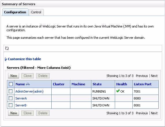 Create a Coherence Cluster Figure 6 4 Summary of Servers Page 6.6 Create a Coherence Cluster Create a Coherence Cluster. 1. Click Services in the domain Structure Window.