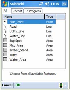 Step # 2 Select Feature We can now select the type of feature we wish to map. In this case we choose Timber_Stand. We will log a static point, but the overall feature will be an area feature.